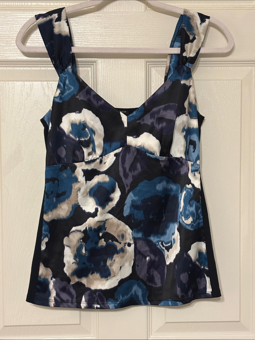 Ann Taylor Blue, White & Black Floral Satin Camisole
